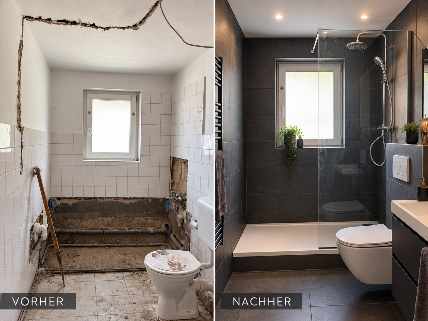Badezimmer vorher: entkernt mit freiliegenden Leitungen. Nachher: neu gefliest mit bodengleicher Dusche.