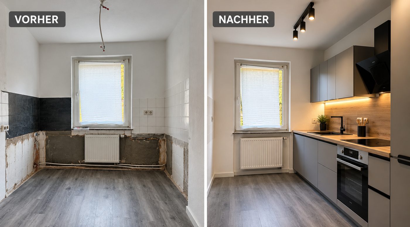 Küche vorher: Wandfliesen teilweise entfernt. Nachher: neue Küchenzeile mit Arbeitsplatte und Beleuchtung.