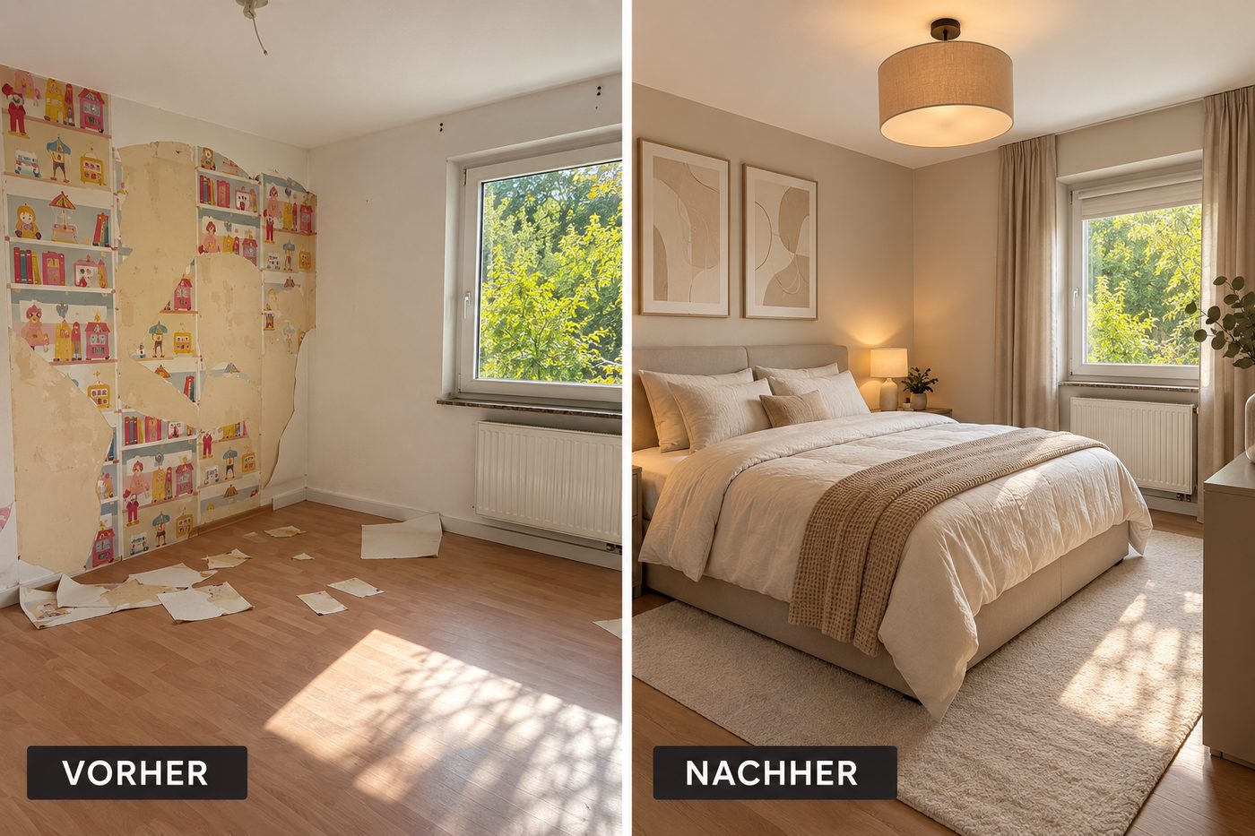 Schlafzimmer vorher: Tapete teilweise abgelöst. Nachher: gestrichene Wände.